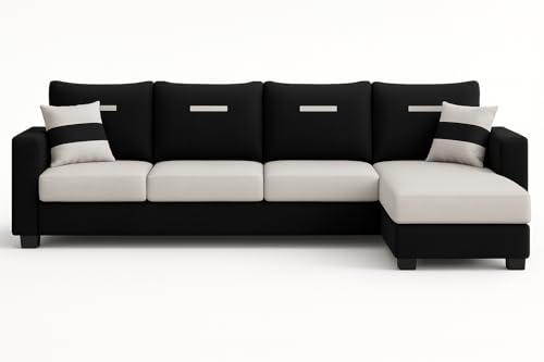 Image of CASASTYLE Dreamon 5 Seater Fabric RHS L Shape Sofa Set (Light Grey-Black) | Premium Velvet Finish | Comfortable Sectional Sofa for Living Room