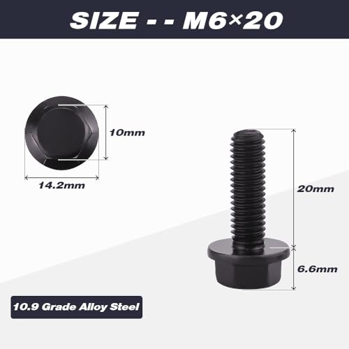 Image of M6-1.0 x 20mm (25 pcs) Flanged Hex Bolt Screws Black Oxide Finish, 10.9 Grade Alloy Steel, Large Flange Washer Head Bolt, DIN6921 /GB5789, Full Thread
