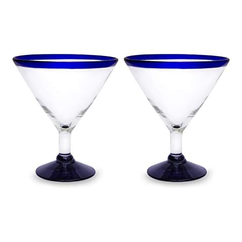 Mitienda-Juego de 2 Vasos de Martini, Vidrio soplado reciclado con Borde Azul Cover