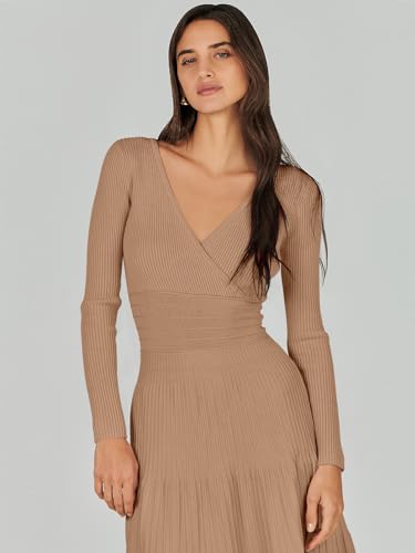 ANRABESS Womens Wrap Midi Sweater Dresses Long Sleeve V Neck Ribbed Knit Bodycon High Waist Pleated A-Line Dress 2025 Trendy4