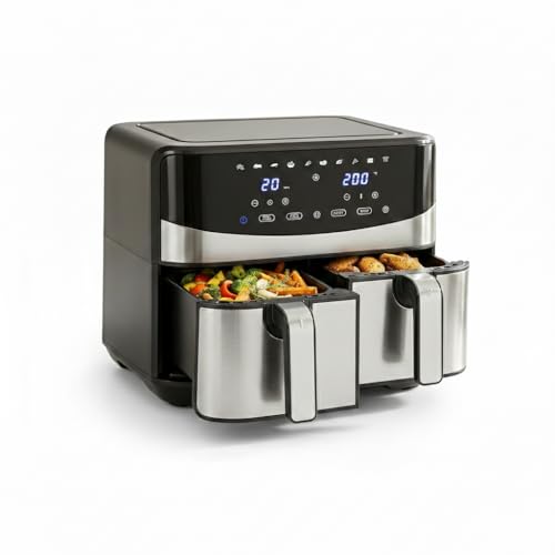 LIFEZEAL Freidora de aire doble cesta 8L, aire Fryer con circulación de aire 360°, pantalla táctil, ajuste de temperatura 40-200°C, 10 programas preestablecidos, 2100 W Freidora de aire ideal para