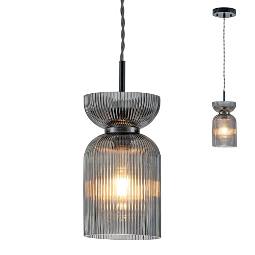 Gmrhndy Glass Pendant Light, Ribbed Smoke Gray Glass Hanging Light with Adjustable Cord, Modern Pendant Light Fixtures for Kitchen Island, Dining Room, Entryway, E26 Socket