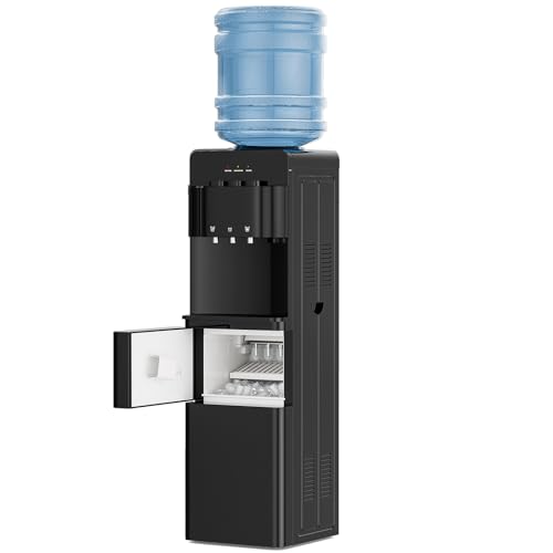 UMOMO 4-in-1 Water Dispenser with Ice Maker, 33lbs/24H, Hot & Cold & Room Temperature Top Loading Water Cooler for 3–5 Gallon Bottles, Child Safety Lock, Water Dispenser for Home, Office, Black