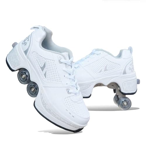Image of Roller Skates for Women /Girls, Retractable Kick Roller Shoes with Wheels for Men, Outdoor Quad Wheel Rink Skates Adjustable Deformation Sneakers for Adult /Boys