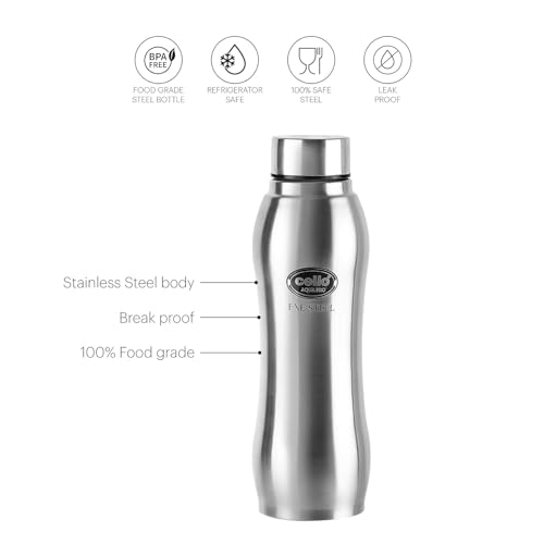 Image of CELLO Aqua Pro Stainless Steel Water Bottle 1000ml Set of 3 Pcs | ISI Certified, Single Walled | Leakproof, Rust Proof, Food Grade, Easy to Carry | Airtight Steel Bottle for Fridge, Office, Gym