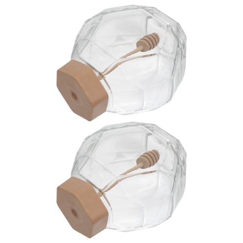 IMUSINICE 2 Tarros de Miel Hexagonales Transparentes de Vidrio Tapa de Madera y Varilla para Mezclar, Pack de 2 Unidades para Uso en Cocina y Hogar Reutilizable
