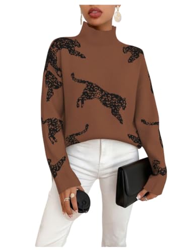 Image of WDIRARA Women's Leopard Tiger Print Sweater High Neck Long Sleeve Fuzzy Knitted Pullover Top