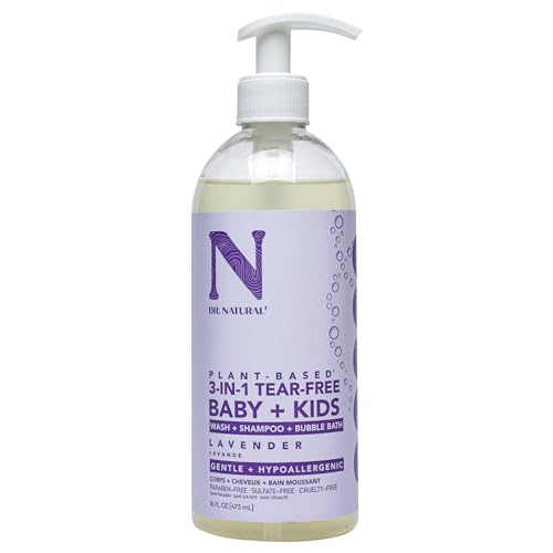 Dr. Natural 3-in-1 Tear-Free Baby Plus Kids Soap, Lavender, 16 oz – Plant-Based Baby Shampoo and Body Wash – Sulfate and Paraben-Free – Hypoallergenic for Sensitive Skin – Infused with Essential Oils