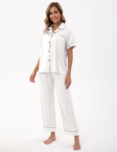 Image of UMBY Silk Satin Pajamas for Women Set 2 Piece button down Soft Silk Pjs Sets Cozy Silky Pajama Short Sleeve