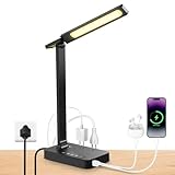 LED Desk Lamp with Power Strip: Table Lamp with Charging Station - 2 Outlets 1 USB-A Ports 1 Type-C Ports, Surge Protection, 5 Color Modes 5 Brightness for Home Office, College Dorm Room Essentials