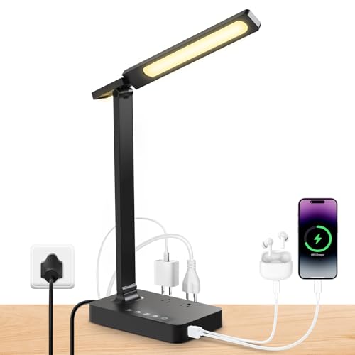 Infiway Desk Lamp with USB Charging Port: LED Desk Lamps for Home Office - 1 USB-A, 1 Type-CCharging Port, 2 AC Power Outlets, Touch Control Dimmable 5 Color 5 Brightness, Night Light(Black)