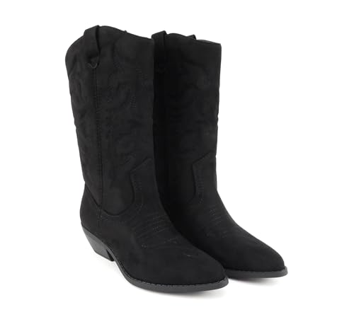 Image of Soda inchTELLER inch ~ Women's Western Cowboy Boots with Stitched Detailing, Pointed Toe, and Low Block Heel