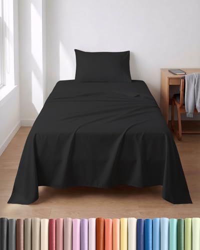 Image of Lightweight 3 Piece Bed Sheet Set Twin Size - Cooling Sheets for Hot Sleepers - Soft Breathable Bedding Set w / 8-16 Inch Deep Pockets - 1 Flat & 1 Fitted and 1 Pillowcase - Wrinkle Resistant - Black