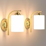 Phaosio Vintage Farmhouse Gold Wall Sconces Set of 2, Hardwired Vanity Light Fixtures with Frosted Glass Shades for Bathroom, Bedroom, Living Room, Hallway (E26 Base)