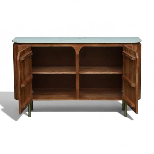 Image of Solid Wood Mandala Sideboard Cabinet with Sintered Stone Top for Living Room | Dark Teak Finish Lacquered with Soft Close Hinge| 140 cm (W) x 39.8 cm (D) x 85 cm (H)