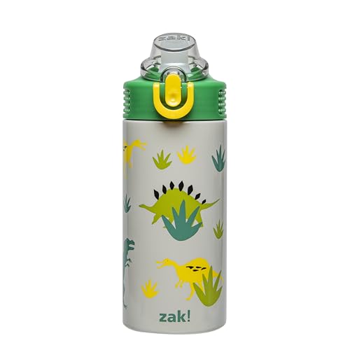 Image of Zak Designs Sage Kids Water Bottle For School, Travel or At Home, 14oz Stainless Steel Water Bottle With Straw, Handle, and Leak-Proof, Pop-Up Spout Cover (Dino)
