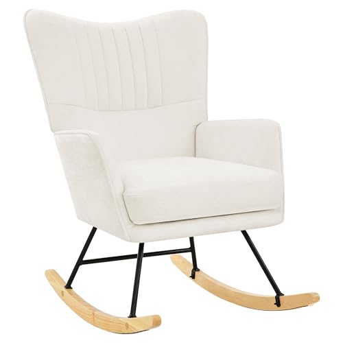 LUE BONA Schaukelstuhl aus Chenille mit extra dickem Sitzkissen, Polstersessel mit Armlehnen & Holzkufen, Bequemer Relaxstuhl für Wohnzimmer, Beige