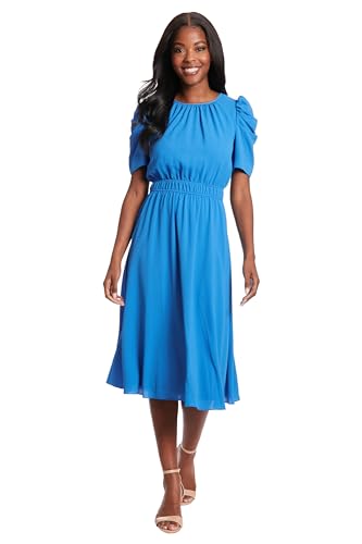Image of London Times Women's Caterpillar Puff Sleeve Midi Dress - Gathered Waist A-Line Flowy Summer Dress