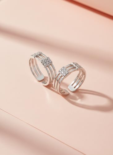 Image of Parnika 925 Sterling Silver Adjustable Toe Ring for Women | Triple Band CZ Studded Open Toe Ring | Hallmarked Pure Silver Foot Jewelry