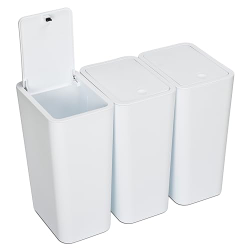 Image of N. NETDOT 3 Pack 10 L/2.6 Gal Bathroom Trash Can with Lid, Kitchen Trash Can with Press Lid,Small Trash Can/Slim Garbage Cans/Trash Bin/Waste Basket for Bathroom,Kitchen,Office,Bedroom - White
