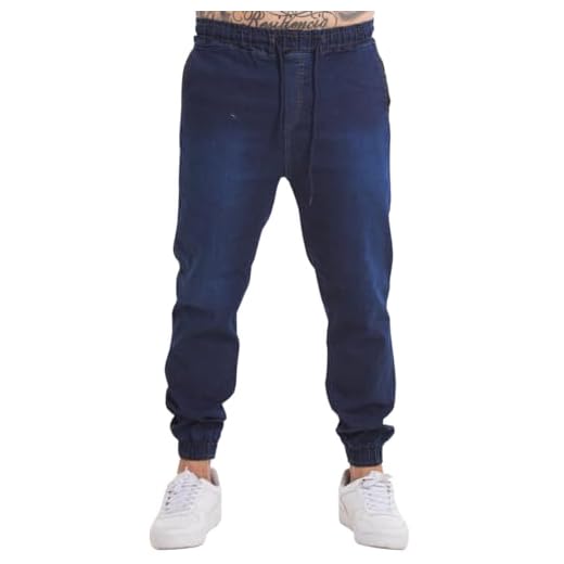 Calças Jogger Jeans Masculina Com Elástico Super Confortavel Com Cordão e Bolsos (BR, Alfa, G, Regular, Regular, Jeans Escuro)