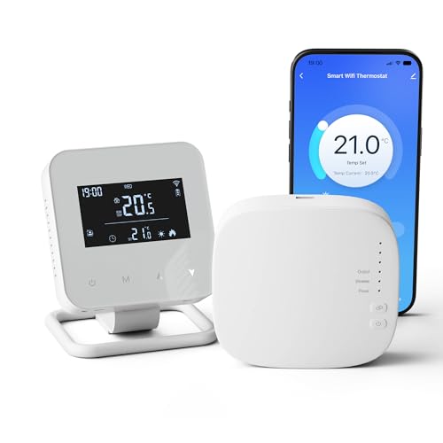Thermostat sans Fil avec Un Récepteur, Thermostat Intelligent WiFi Connecté pour Chaudières à Gaz et Chauffage au Sol à l'eau, 3XAAA Batterie Ou USB...