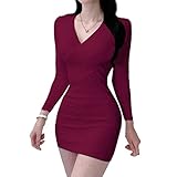 [Ｍｉｎｅｓａｍ] レディース セクシー ワンピース ニット 長袖 タイトワンピース 胸元開き ミニワンピ おしゃれ（02 ワインレッド,Free
