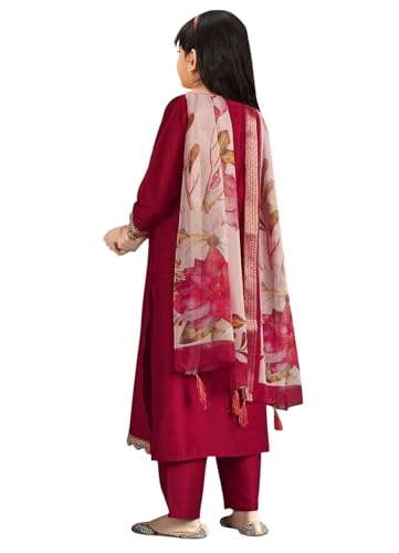 Image of Girls Ethnic Outfit | Embroidered Silk Girls Salwar Suit | Kurta Pant and Jacquard Dupatta Set