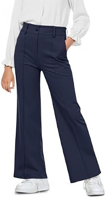 Haloumoning Girls Wide Leg Uniform Pants Navy Blue High Waist Dress Slacks with Pockets
