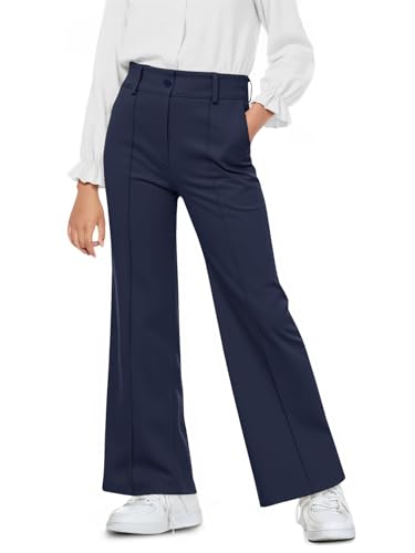 Haloumoning Girls Wide Leg Uniform Pants Navy Blue High Waist Dress Slacks with Pockets