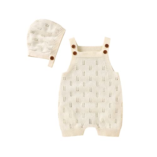 Image of LAWKUL Baby Knit Romper Sleeveless 100% Cotton Jumpsuit with Hat Newborn Outfits Overall Bodysuit One Piece 2pcs
