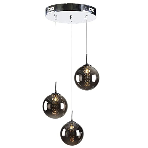 Euone_Clothes Industrial 3-Lights Globe Glass Pendant Light Cluster with Crystal Tassels Chrome Finish Glass Ball LED G4 3 Way Ceiling Hanging Lamp Villa Stairs Landing Lighting - Grey