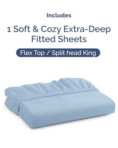 Image of Extra Deep Flex Top Split Head King Fitted Sheet - Hotel Luxury Single Fitted Sheet Only - Easily Fits 18 inch to 24 inch Mattress - Ultra Soft, Wrinkle Free w /Extra Deep Pockets - Sky Blue