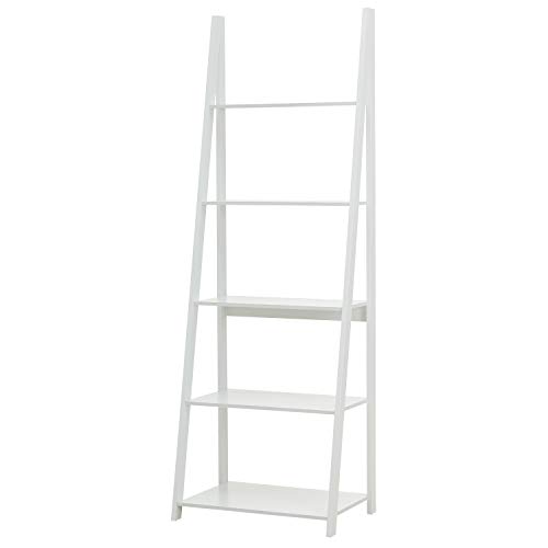 Kicode 5-Tier Ladder Shelf Bookcase, Leaning Bookshelf, Wooden Frame Decor Modern Bookshelf Storage, Flower Shelf Plant Display Shelf for Home Office (White)