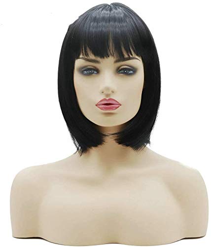 RainaHair 14inch Black Short Bob Hair Wigs Straight with Flat Bangs Synthetic Cosplay Daily Party Wig for Women Natural As Real Hair+ Free Wig Cap