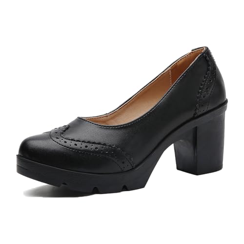 Women's Genuine Leather Brogue Wing Tip Chunky Block Heel Pumps Retro Round Toe Platform Lug Sole Non-Slip Comfortable Slip-On Office Dress Shoes for Walking Commuting Daily