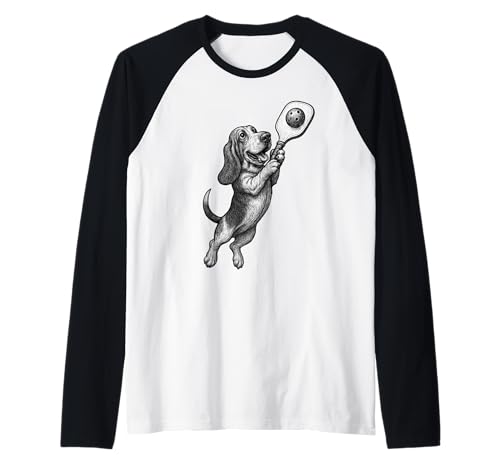 Basset Hound Jugar Pickleball Deportes Perros Amante Camiseta Manga Raglan