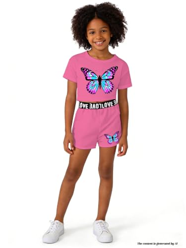 Image of Betusline Girls Summer 2 Piece Outfits,Kids Short Sleeve Crop Top & Shorts Set with Side Pockets
