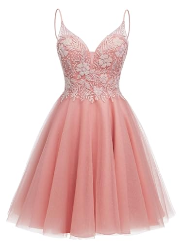 Image of Sparkly Tulle Homecoming Dresses Short Lace Prom Dresses for Teens V Neck Beaded Cocktail Dresses