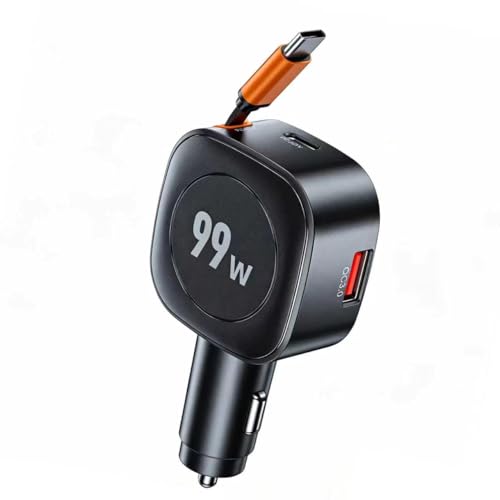 Cargador de coche triple de 99W con cable Tipo C de 45W autorretráctil y puertos USB QC3.0 y PD