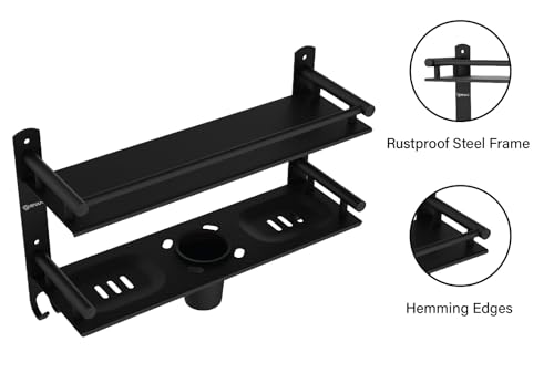 GRIVAN 5 in 1 Heavy-Duty Stainless Steel Bathroom Shelf Racks with Dual Soap Holder,Toothbrush Holder and Tumbler for Bathroom Accessories and Fittings (Black Matte) (Image - 3)