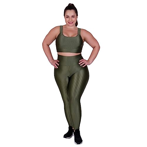 Conjunto Fitness Plus Size Cós Alto By Tina Top de Academia e Calça Cintura Alta Bárbara (VERDE MILI