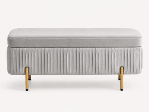 Image of LEGACY OF COMFORT Miajah Velvet Upholstered Flip Top Storage Bench 2 Seater Sofa Upholstered Ottoman Bench with Storage for Living Room, Bedroom (Silver Grey)