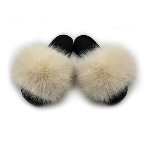Image of Women's Faux Fur Slides Slippers Fluffy Fuzzy Sandals Open Toe Furry Slide Flip Flop Indoor Outdoor