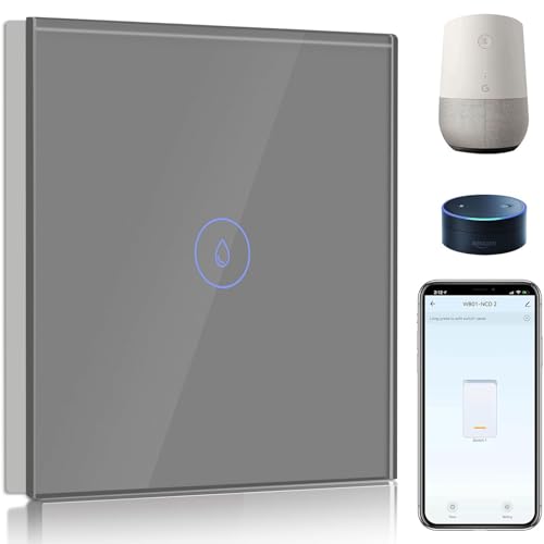 BSEED 40A Smart Interruttore per Scaldabagno, Interruttore per Scaldabagno con Amazon Alexa e Google Home, WiFi Interruttore per Scaldabagno con Touchscreen Grigio(Linea Neutra Necessaria)