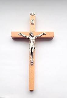 Wall Hanging 20cm Beech Wood Crucifix Cross Silver Metal Corpus 10573