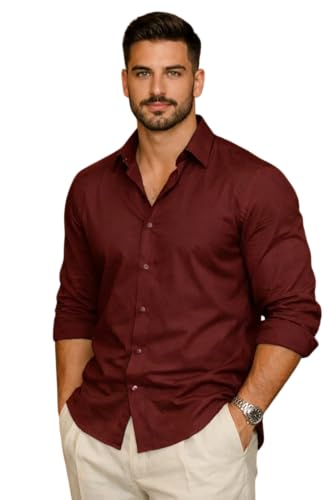 Image of IndoPrimo Men's Cotton Shirt with Stylish Full Sleeves Spread Collared Neck Solid Pattern Western Style Classic Fit and Standard Length | Casual Shirt for Man