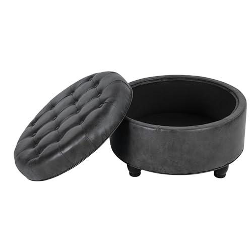 Image of HomePop 25 inch Button Tufted Round Storage Ottoman - Gray Faux Leather