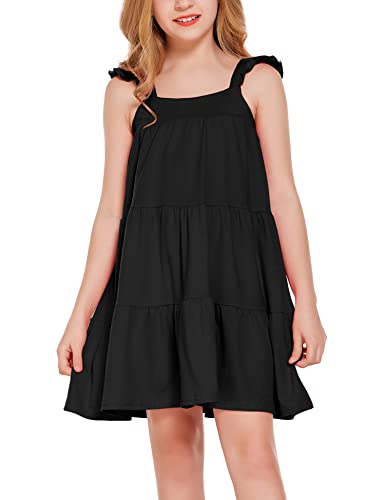 Flypigs Filles Robe Robes à Plusieurs Niveaux 140 Enfants Casual Wear Robe Patineuse à Manches Volantes Robe de Soirée Confortable Doux Noir,140 Cover