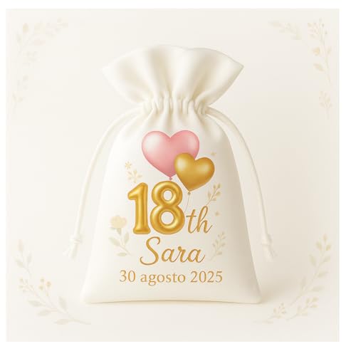 Sacchetto Bomboniera Personalizzato per 18 Anni, Elegante Porta Confetti con Nome Kit da N° 12 Pezzi (palloncini rosa)